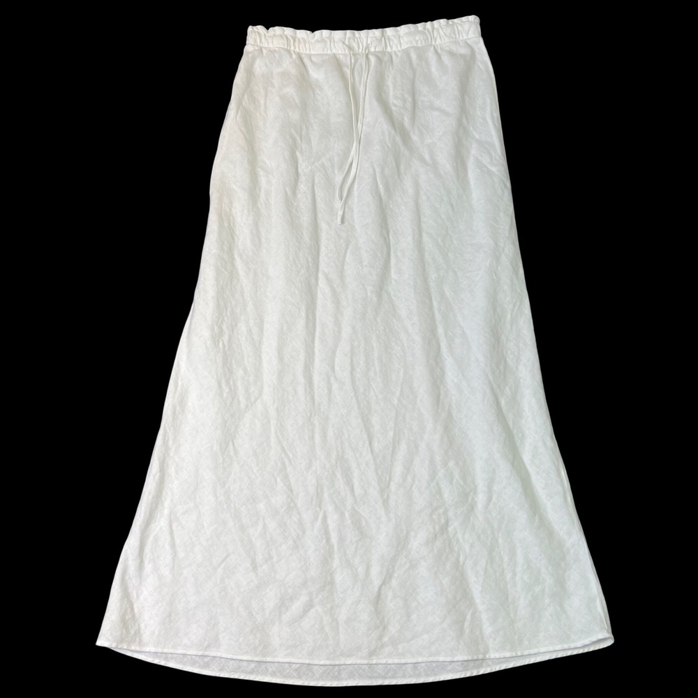 Zara Women White 100% Linen Small Maxi Skirt Elastic Drawstring Waist Cottage